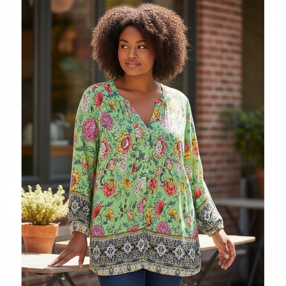 FIGUEROA & Flower Floral bohemian pleated blouse size XL. Green with pink white